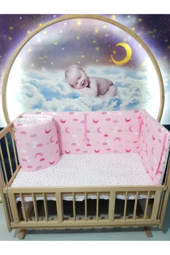 Baby Clime KOR-60120-1. 60X120 Beşik Kenar Korumalık 4 Parça - Pembe Zemin Ay Yıldız Desen (Çarşaf Hariç)