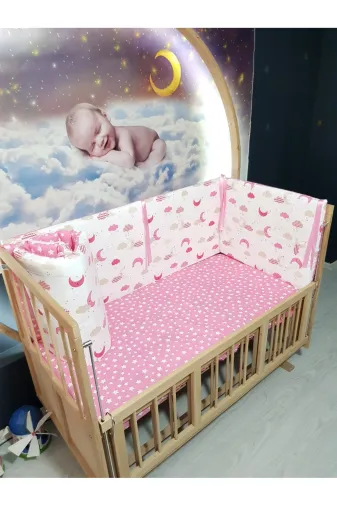 Baby Clime KOR-60120-1. 60X120 Beşik Kenar Korumalık 4 Parça - Pembe Ay Yıldız Desen (Çarşaf Hariç)