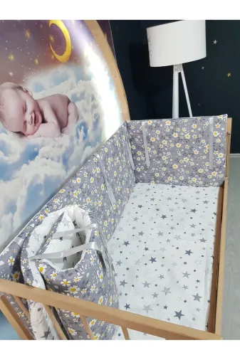 Baby Clime KOR-60120-1. 60X120 Beşik Kenar Korumalık 4 Parça - Gri Çiçek Yıldız Desen (Çarşaf Hariç)