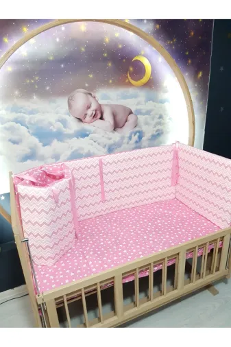 Baby Clime KOR-60120-1. 60X120 Beşik Kenar Korumalık 4 Parça - Pembe Ince Zigzag Yıldız Desen (Çarşaf Hariç)