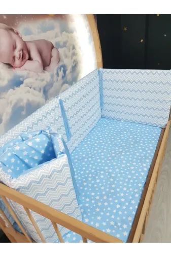 Baby Clime KOR-60120-1. 60X120 Beşik Kenar Korumalık 4 Parça - Mavi Ince Zigzag Desen (Çarşaf Hariç)