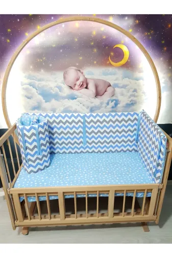 Baby Clime KOR-60120-1. 60X120 Beşik Kenar Korumalık 4 Parça - Mavi Zigzag Yıldız Desen (Çarşaf Hariç)