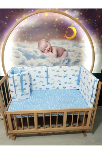 Baby Clime KOR-60120-1. 60X120 Beşik Kenar Korumalık 4 Parça - Mavi Ay Yıldız Desen (Çarşaf Hariç)