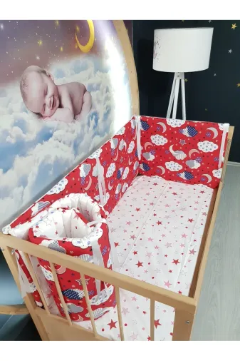 Baby Clime KOR-70130-1. 70X130 Beşik Kenar Korumalık 4 Parça - Kırmızı Bulut Yıldız Desen (Çarşaf Hariç)