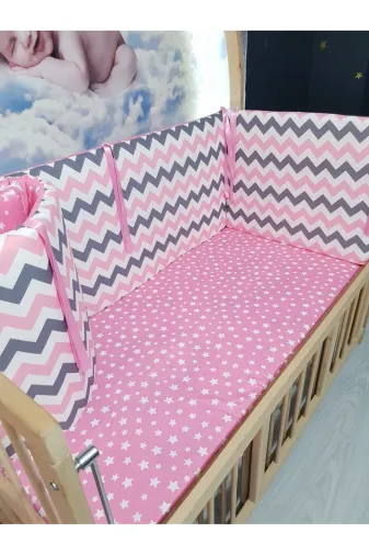 Baby Clime KOR-70130-1. 70X130 Beşik Kenar Koruyucu 4 Parça - Pembe Zigzag Yıldız Desen (Çarşaf Hariç)