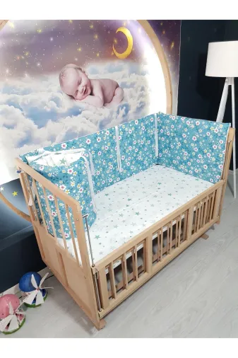 Baby Clime KOR-70130-1. 70X130 Beşik Yan Koruyucu 4 Parça - Yeşil Çiçek Yıldız Desen (Çarşaf Hariç)