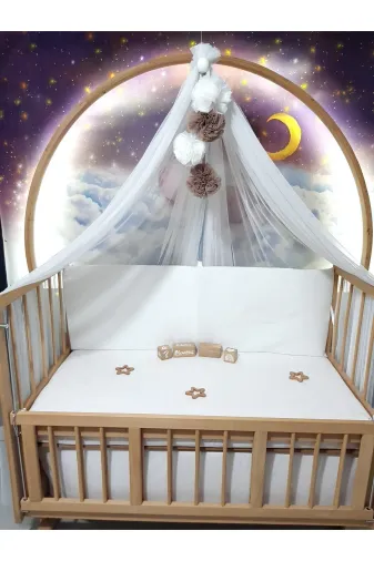 Baby Clime LÜKSCİB-BEYAZ Bebek Lüks Cibinlik Takımı - Beyaz Ve Kahverengi Dört Ponponlu - 6 Metre Likra Tül (Aparat Dahil)