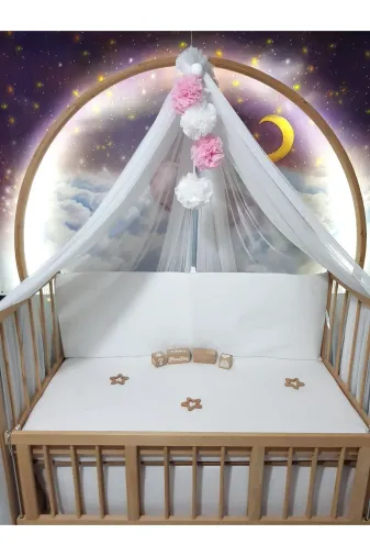 Baby Clime LÜKSCİB-BEYAZ Bebek Lüks Cibinlik Takımı - Beyaz Ve Açık Pembe Dört Ponponlu - 6 Metre Likra Tül (Aparat Dahil)