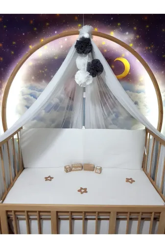 Baby Clime LÜKSCİB-BEYAZ Bebek Lüks Cibinlik Takımı - Beyaz Ve Koyu Gri Dört Ponponlu - 6 Metre Likra Tül (Aparat Dahil)