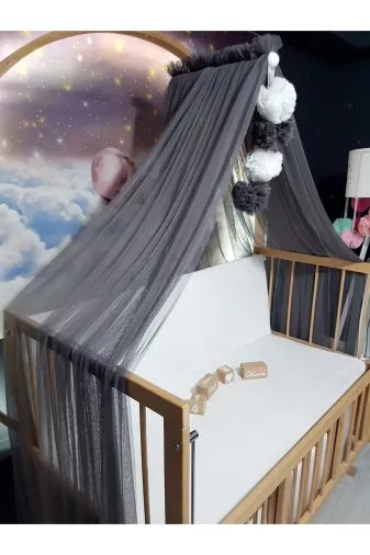 Baby Clime LÜKSCİB-RENK Bebek Lüks Cibinlik Takımı - Koyu Gri Ve Beyaz Dört Ponponlu - 6 Metre Likra Tül (Aparat Dahil)