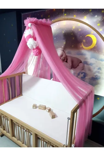 Baby Clime LÜKSCİB-RENK Bebek Lüks Cibinlik Takımı - Koyu Pembe Ve Beyaz Dört Ponponlu - 6 Metre Likra Tül (Aparat Dahil)
