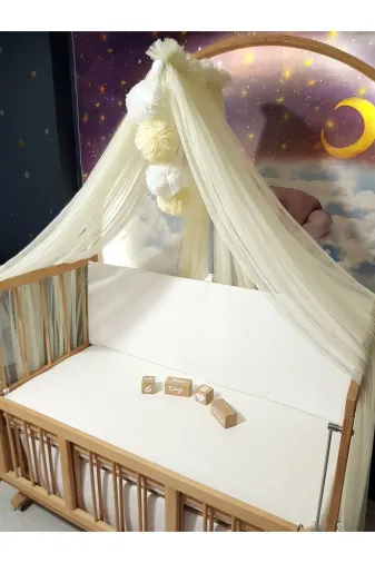 Baby Clime LÜKSCİB-RENK Bebek Lüks Cibinlik Takımı - Krem Ve Beyaz Dört Ponponlu - 6 Metre Likra Tül (Aparat Dahil)