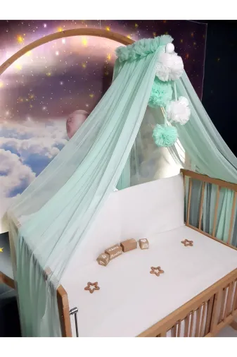 Baby Clime LÜKSCİB-RENK Bebek Lüks Cibinlik Takımı - Su Yeşili Ve Beyaz Dört Ponponlu - 6 Metre Likra Tül (Aparat Dahil)