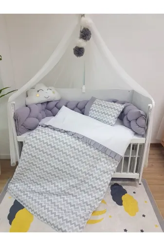 Baby Clime MASAL-1. 70X130 Masal Serisi Gri Örgülü Bebek Uyku Seti - İsim Nakışlı Lüks Cibinlikli