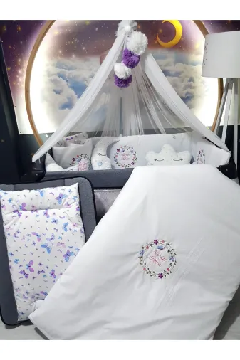 Baby Clime USN-70110-LCİB-1. 70X110 Nakışlı Bebek Uyku Seti Isimli - Lüks Cibinlik Ve Aparat (Nakişli Kirlent Hariçtir.)