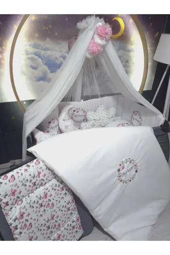 Baby Clime USN-70120-LCİB-2. 70X120 Isim Nakışlı Bebek Uyku Seti - Lüks Cibinlik Ve Aparat Dahil - Çiçek Kelebek Motifli