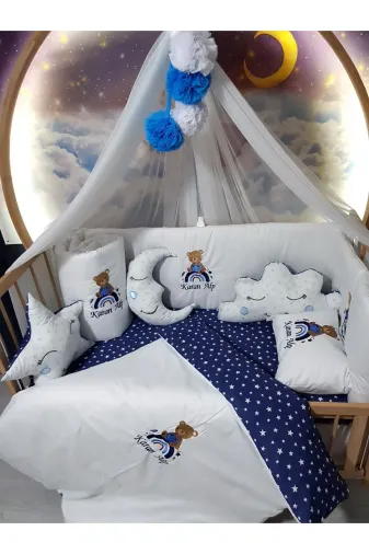 Baby Clime USN-70130-LCİB-1. 70X130 Isim Nakışlı Bebek Uyku Seti - Lüks Cibinlik Turkuaz Ponponlu - Gökkuşağı Ayıcık Motifi