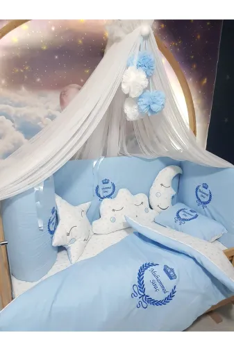 Baby Clime USN-70130-LCİB-1. 70X130 Nakışlı Bebek Uyku Seti Isimli - Lüks Cibinlik Ve Aparat - Başak Taç Motifli