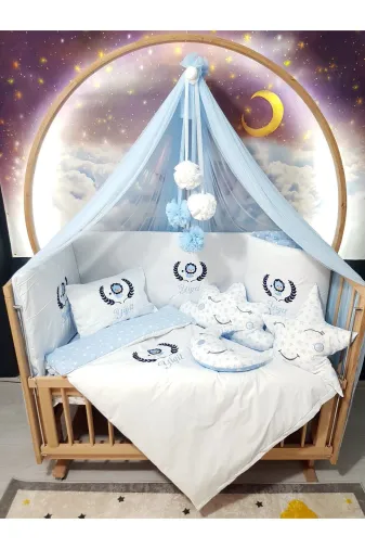 Baby Clime USN-70130-LCİB-1. 70X130 Nakışlı Bebek Uyku Seti Isimli - Lüks Cibinlik Ve Aparat - Aslan Başak Motifli