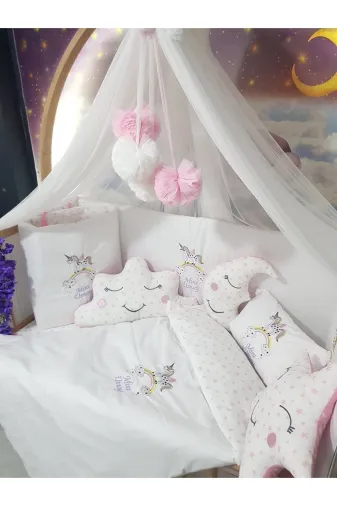 Baby Clime USN-70130-LCİB-1. 70X130 Nakışlı Bebek Uyku Seti Isimli - Lüks Cibinlik Ve Aparat - Gökkuşağı Unicorn Motifli