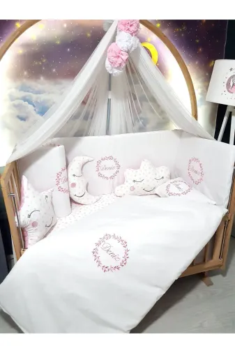 Baby Clime USN-70130-LCİB-1. 70X130 Nakışlı Bebek Uyku Seti Isimli - Lüks Cibinlik Ve Aparat - Başak Motifli