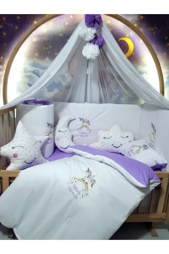 Baby Clime USN-70130-LCİB-1. 70X130 Nakışlı Bebek Uyku Seti Isimli - Lüks Cibinlik Ve Aparat - Unicorn Gökkuşağı Motifi