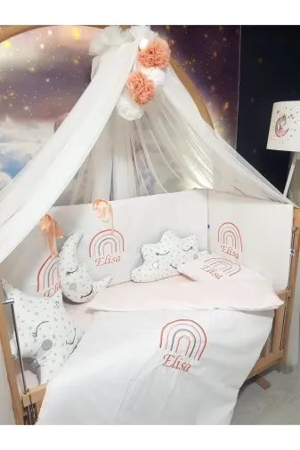 Baby Clime USN-70130-LCİB-1. 70X130 Nakışlı Isimli Bebek Uyku Seti 17 Parça - Lüks Cibinlik Ve Aparat - Gökkuşağı