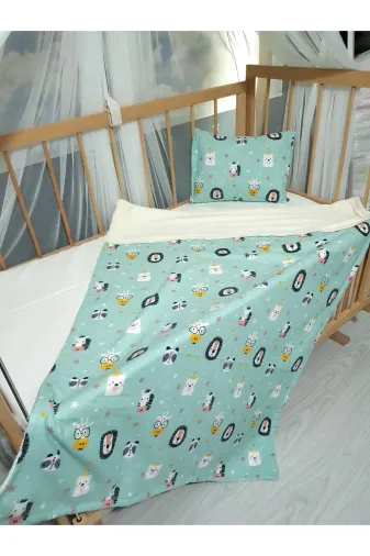 Baby Clime USP-90120-4LÜ 90X120 Pazen Uyku Seti 4'lü - Yeşil Beyaz (Yumuşacik Bebek Battaniyesi, Çarşaf Ve Kilifli Yastik)