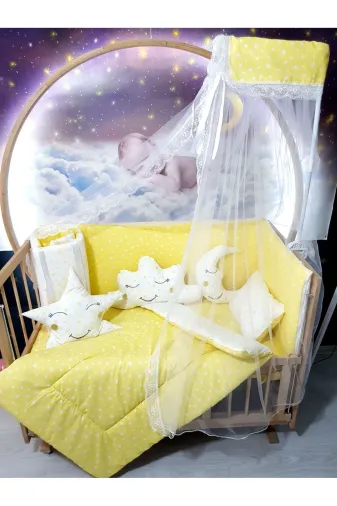 Baby Clime USR-60120-CİB-1. 60X120 Bebek Uyku Seti - Cibinlik Ve Aparat - Sarı Yıldız Desen