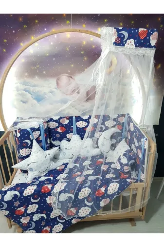 Baby Clime USR-60120-CİB-1. 60X120 Bebek Uyku Seti - Cibinlik Ve Aparat - Lacivert Bulut Yıldız Desen