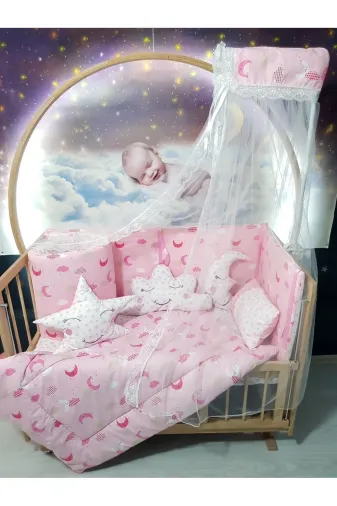 Baby Clime USR-60120-CİB-1. 60X120 Bebek Uyku Seti - Cibinlik Ve Aparat - Pembe Zemin Ay Yıldız Desen