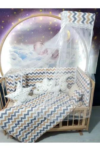 Baby Clime USR-60120-CİB-1. 60X120 Bebek Uyku Seti - Cibinlik Ve Aparat - Kahverengi Zigzag Yıldız Desen