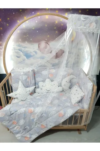 Baby Clime USR-60120-CİB-1. 60X120 Bebek Uyku Seti - Cibinlik Ve Aparat - Gri Bulut Yıldız Desen