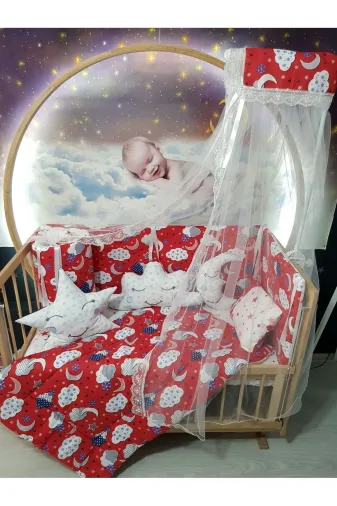 Baby Clime USR-60120-CİB-1. 60X120 Bebek Uyku Seti - Cibinlik Ve Aparat - Kırmızı Bulut Yıldız Desen