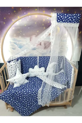 Baby Clime USR-60120-CİB-1. 60X120 Bebek Uyku Seti - Cibinlik Ve Aparat - Lacivert Yıldız Desen