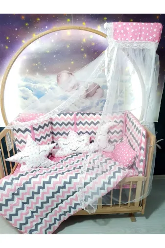 Baby Clime USR-60120-CİB-1. 60X120 Bebek Uyku Seti - Cibinlik Ve Aparat - Pembe Zigzag Yıldız Desen