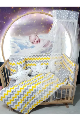 Baby Clime USR-60120-CİB-1. 60X120 Bebek Uyku Seti - Cibinlik Ve Aparat - Gri Sarı Zigzag Yıldız Desen