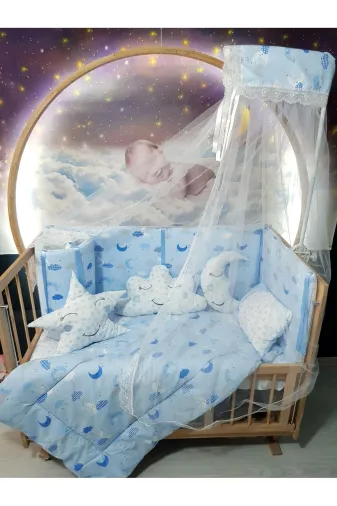 Baby Clime USR-60120-CİB-1. 60X120 Bebek Uyku Seti - Cibinlik Ve Aparat - Mavi Zemin Ay Yıldız Desen