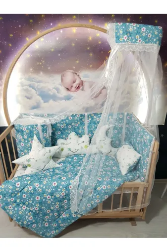 Baby Clime USR-60120-CİB-1. 60X120 Bebek Uyku Seti - Cibinlik Ve Aparat - Yeşil Çiçek Yıldız Desen