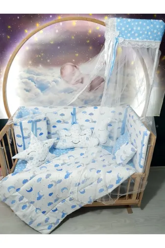 Baby Clime USR-60120-CİB-1. 60X120 Bebek Uyku Seti - Cibinlik Ve Aparat - Mavi Ay Yıldız Desen