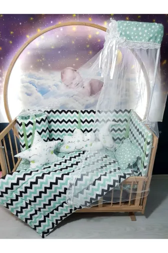 Baby Clime USR-60120-CİB-1. 60X120 Bebek Uyku Seti - Cibinlik Ve Aparat - Yeşil Zigzag Yıldız Desen