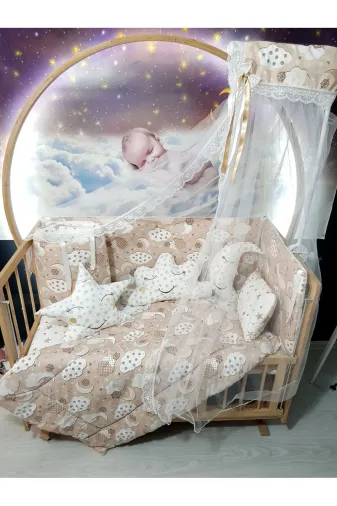 Baby Clime USR-60120-CİB-1. 60X120 Bebek Uyku Seti - Cibinlik Ve Aparat - Kahverengi Bulut Yıldız Desen