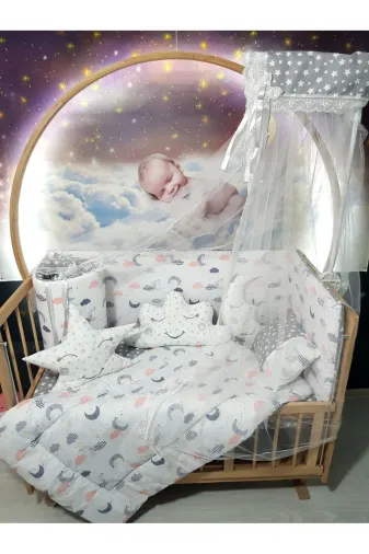 Baby Clime USR-60120-CİB-1. 60X120 Bebek Uyku Seti - Cibinlik Ve Aparat - Gri Ay Yıldız Desen