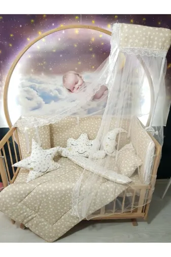 Baby Clime USR-60120-CİB-1. 60X120 Bebek Uyku Seti - Cibinlik Ve Aparat - Kahverengi Yıldız Desen