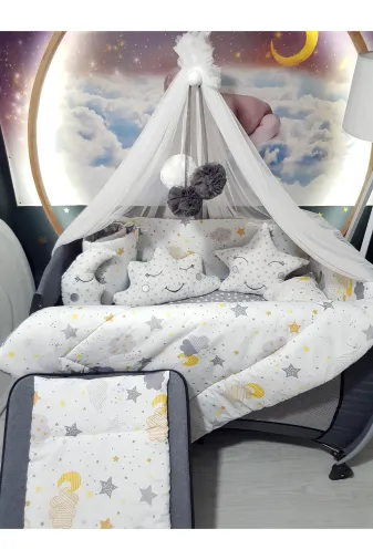 Baby Clime USR-70110-LCİB-1. 70X110 Bebek Uyku Seti - Lüks Cibinlik Ve Aparat Dahil - Ay Bulut Yıldız