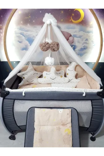 Baby Clime USR-70120-LCİB-1. 70X120 Bebek Uyku Seti - Lüks Cibinlik Ve Aparat Dahil - Ay Bulut Yıldız