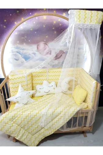 Baby Clime USR-70130-CİB-1. 70X130 Bebek Uyku Seti - Cibinlik Ve Aparat - Sarı Ince Zigzag Yıldız Desen