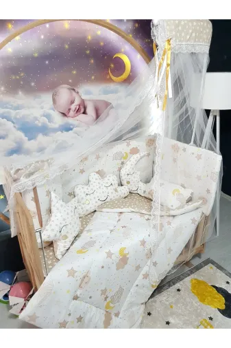 Baby Clime USR-70130-CİB-2. 70X130 Bebek Uyku Seti - Cibinlik Ve Aparat Dahil - Ay Bulut Yıldız