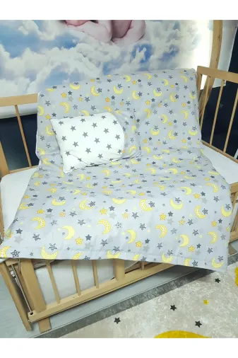 Baby Clime USR-90130-5 Parça 5 Parça 90X130 Bebek Uyku Seti - Yorgan Yastık Çarşaf Takımı - Ay Yıldız Desen Gri