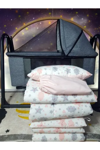 Baby Clime USR-KETENTB-4585-1. 45X85 Tenteli Keten Beşik Ve Uyku Seti - Gri Anne Yanı Beşik Portatif Sepet Beşik